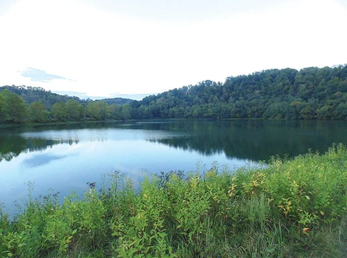 Lake Wilma, a calm fishing lake in Greene County, Pennsylvania, near the campground.
